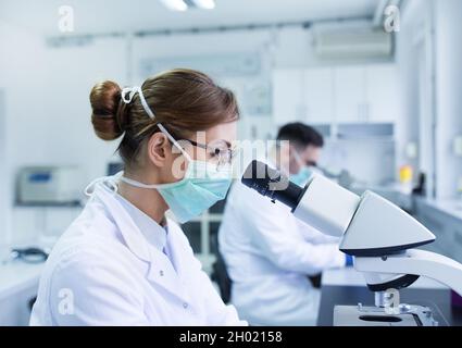 Équipe de biologistes expérimentés travaillant sur des microscopes en laboratoire Banque D'Images