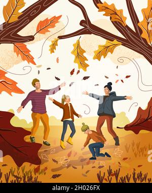Une famille s'appréciant au parc en automne jetant des feuilles dans l'air qui sont tombées des arbres.Illustration vectorielle. Illustration de Vecteur