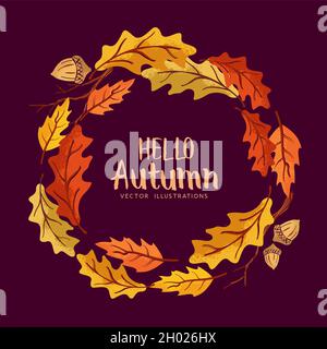 Couronne de cercle d'automne gaie faite de feuilles dorées et rouges.Illustration vectorielle. Illustration de Vecteur