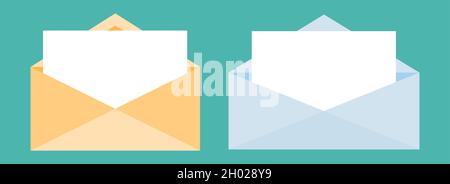 Enveloppes commerce réaliste symétrique avec papier blanc ouvert lettre ensemble isolé sur fond bleu-vert.Style plat.Icône courrier électronique pour la conception et l'impression Web.Illustration vectorielle Illustration de Vecteur