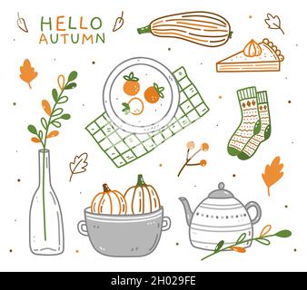 Ensemble d'éléments d'automne - chaussettes chaudes, théière, citrouilles, courgettes, vase avec brindilles,tarte à la citrouille et persimmons.Illustration de l'effet d'un vecteur dessiné à la main.Parfait pour les cartes, les motifs de vacances, les décorations. Illustration de Vecteur