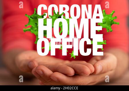 Rendu 3D de Corona Home Office phrase avec des icônes de virus flottant sur le travail des mains à partir de la maison concept Banque D'Images