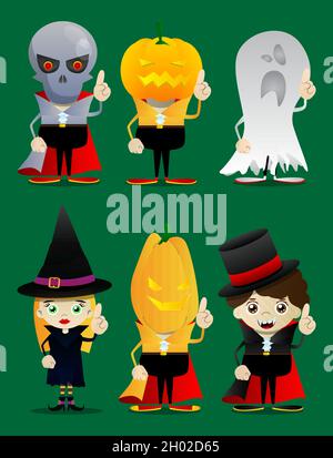 Les enfants habillés pour Halloween font un point.Illustration de personnage de dessin animé vectoriel d'enfants prêts à triper ou à traiter. Illustration de Vecteur