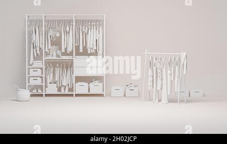 Vêtements sur fond de gringe, étagère sur fond blanc.Collection de vêtements suspendus sur un rack dans des couleurs beige neutres.rendu 3d, stocker Banque D'Images