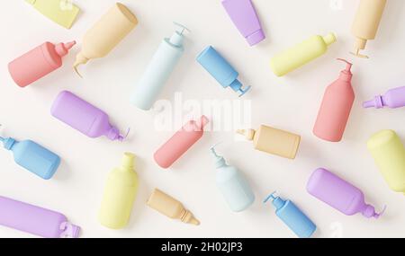 Enveloppe en plastique dans des flacons cosmétiques et en plastique sur fond blanc.Concept créatif composition de tri et de traitement des déchets et Terre, environnement Banque D'Images