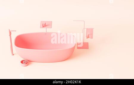 Baignoire monochrome rose pastel.Arrière-plan clair avec espace de copie.Rendu 3D pour les arrière-plans de page Web, de présentation ou de cadre d'image. Banque D'Images