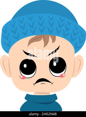 Garçon avec des émotions panique, visage surpris, yeux choqués dans le chapeau tricoté bleu.Mignon enfant avec l'expression effrayée dans la coiffure automnale ou d'hiver.Tête d'adorable tout-petit Illustration de Vecteur