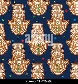 Motif sans couture avec bonhomme de neige au pain d'épice sur bleu.Cookie de Noël.Illustration vectorielle. Illustration de Vecteur