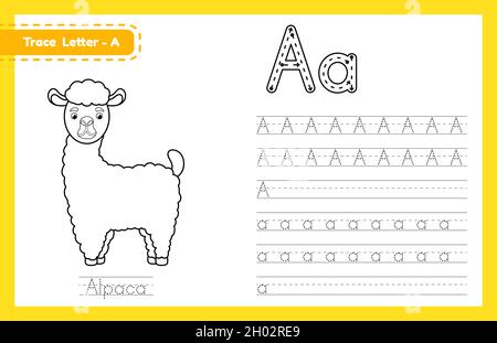 Tracer la lettre A en majuscules et en minuscules.Feuille de travail préscolaire de pratique de traçage d'alphabet pour les enfants apprenant l'anglais avec mignon animal de dessin animé.Colorier Illustration de Vecteur