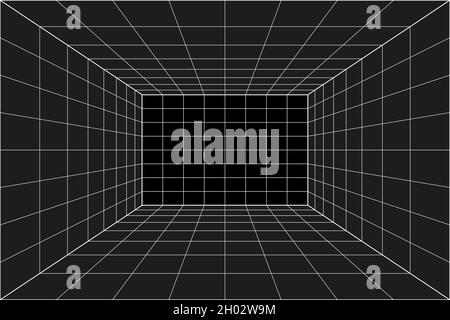Grille perspective pièce noire. Arrière-plan filaire gris. Modèle de technologie de cyber-box numérique. Modèle architectural vectoriel abstrait Illustration de Vecteur
