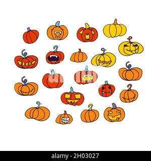 Ensemble de citrouilles orange effrayantes pour Halloween Doodle.Visages amusants, créepeux et souriants.Symbole des fêtes d'Halloween isolé sur fond blanc.colle de caractère Illustration de Vecteur