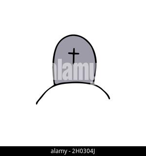 Croix de l'encroche du vecteur.Contour grave isolé sur fond blanc.Pierre de tête sur le tombeau.Paysage de dessin animé de cimetière.Symbole de Halloween, jour de la de Illustration de Vecteur