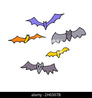 Ensemble de battes de Doodle.Animaux aigris créepy dessinés à la main, isolés sur fond blanc.Flock de souris de couleur.Collection pour Halloween, imprimé, automne holi Illustration de Vecteur