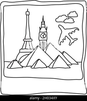 Voyagez polaroid avec des monuments célèbres.Dessin à main levée Illustration de Vecteur