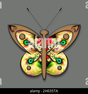 Illustration 3D de l'ornement coloré papillon avec des ailes remplies de fractal abstrait Banque D'Images