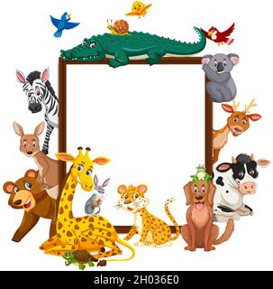 Cadre en bois vide avec diverses illustrations d'animaux sauvages Illustration de Vecteur