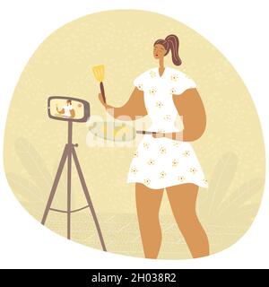 Blog de la vidéo de cuisine.Une femme blogueuse de nourriture enregistre des vidéos pour ses adeptes.Femmes vlog ou chaîne de spectacle avec tutoriel culinaire.Vecteur tracé à la main Illustration de Vecteur