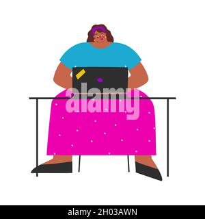 Illustration vectorielle isolée à plat.Latino Woman s'assoit à une table et travaille en ligne sur un ordinateur portable dans un espace de travail.Style de vie de freelance occupé.Lady est prof Illustration de Vecteur