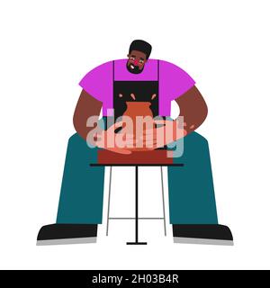 Illustration plate isolée par vecteur avec un homme afro-américain adulte travaillant à la roue de poterie.L'étudiant apprend à fabriquer un pot en céramique.Mains et tablier de hap Illustration de Vecteur