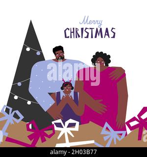 Vecteur concept de famille afro-américaine avec père, mère, fille restant près des boîtes-cadeaux et arbre de Noël.Carte avec texte dessiné à la main - Joyeux Noël Illustration de Vecteur