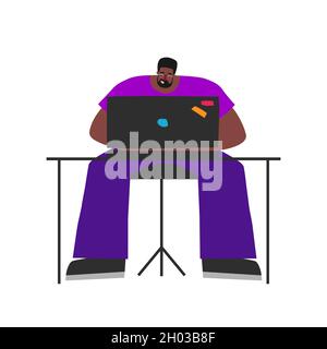 Illustration vectorielle isolée à plat.L'homme afro-américain est assis sur un ordinateur de bureau et travaille sur un ordinateur portable sur Internet.Style de vie de freelance.Guy travaille dur, Illustration de Vecteur
