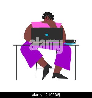 Illustration vectorielle isolée à plat.Une femme afro-américaine s'assoit à table et travaille en ligne sur un ordinateur portable.Style de vie de freelance.Madame s'ennuie.Elle est pro Illustration de Vecteur