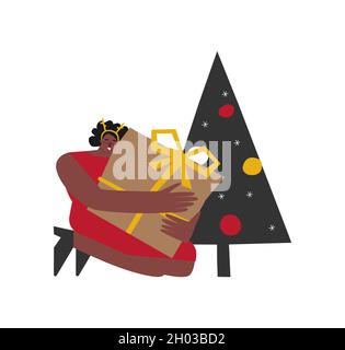 Portrait plat à vecteur isolé d'une femme afro-américaine tenant une grande boîte cadeau.Célébration des vacances de Noël.Bonne dame est en robe rouge, assis avec Illustration de Vecteur