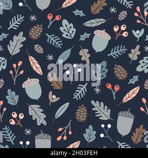 Motif de Noël sans coutures avec des glands, des pins et des baies rouges.Branches de sapin et feuilles de chêne sur fond bleu foncé.Hiver, automne floral Illustration de Vecteur