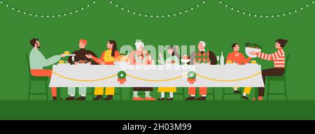 Une grande famille dînant ensemble à la table du dîner lors des fêtes de Noël.Des gens heureux lors de fêtes de Noël.Dessin animé moderne plat inclus Illustration de Vecteur