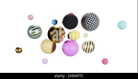 Sphères abstraites sur fond blanc, composition de boules volantes, globes 3D mixtes réalistes Banque D'Images