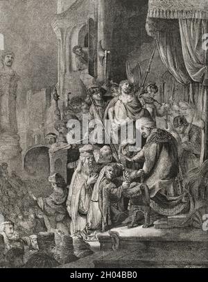 Nouveau Testament.Jésus Christ avant Ponce Pilate.Télécopie d'une gravure de P. Rembrandt.La Ilustración Española y Americana, 1878. Banque D'Images