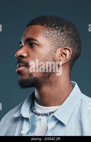 Portrait vertical de l'homme afro-américain beau face au bleu, se concentre sur le contour du profil Banque D'Images