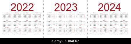 Grille du calendrier pour 2022, 2023 et 2024 ans. Modèle horizontal simple en russe. La semaine commence le lundi. Illustration du vecteur isolé sur Illustration de Vecteur