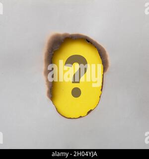 Point d'interrogation sur carte jaune ou papier encadré de papier gris brûlé avec espace de copie pour une image créative conceptuelle Banque D'Images