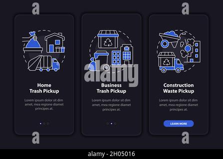 Écran de la page de l'application mobile Dark Onboarding pour la collecte et la collecte des déchets Illustration de Vecteur