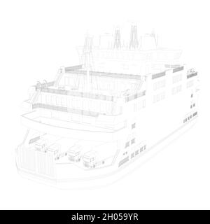 Contour de la doublure des lignes noires isolées sur fond blanc.Navire de passagers.Vue en perspective.Illustration vectorielle. Illustration de Vecteur