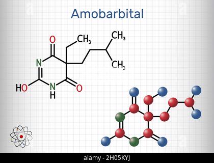 Amobarbital, amylobarbone, molécule de médicament amylaire de sodium.Il est dérivé barbiturique avec des propriétés hypnotiques et sédatives.Feuille de papier dans une cage Illustration de Vecteur