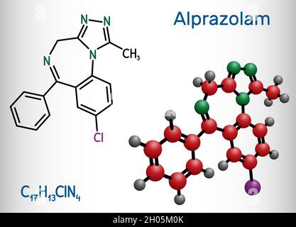 Alprazolam, molécule.Il s'agit d'une benzodiazépine, un tranquillisant à action courte avec des activités anxiolytiques, sédatives-hypnotiques, anticonvulsivantes.Chimie structurelle Illustration de Vecteur