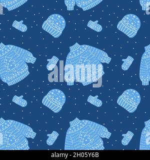 Motif de Noël chaud sans coutures.Chandail en maille, motif de fête à la gat et aux moufles.Nouvel an de jolis vêtements faits main Illustration de Vecteur