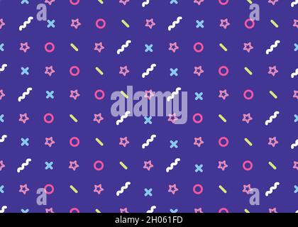 Motif sans coutures Memphis.Illustration vectorielle en conception plate.Arrière-plan géométrique avec différents symboles sur fond violet Illustration de Vecteur