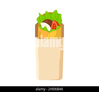 Rouleau de viande shawarma Fast Food dans un emballage en papier.Repas de kebab de doner à l'est arabe.Bande dessinée shaurma ou burrito.Illustration Shawerma Flat Vector eps Illustration de Vecteur