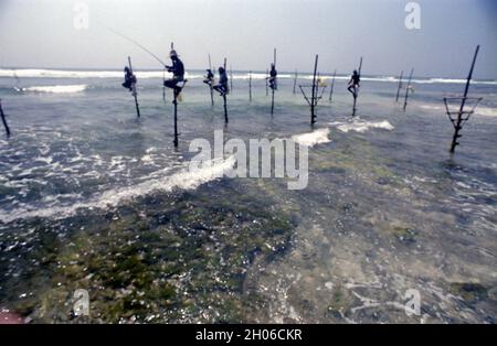 SRI LANKA: Les pêcheurs de Tangalle suspendus au-dessus de la mer de la façon dont ils font leur technique traditionnelle pour attraper les poissons sur les poteaux Banque D'Images