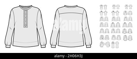 Ensemble de chemises col boutonné illustration technique de la mode avec manches longues courtes au coude, longueur tunique.Plat vêtements dessus modèle d'extérieur avant, arrière modèle de couleur grise.Femmes, hommes unisex CAD maquette Illustration de Vecteur