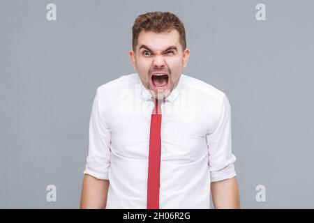 Portrait d'un jeune homme fou en colère en chemise blanche et cravate debout et criant. Intérieur isolé sur fond gris. Banque D'Images