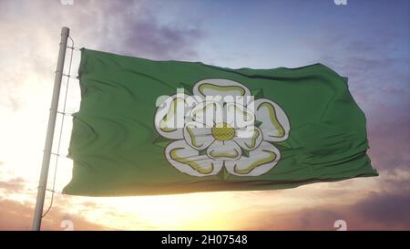 Drapeau du Yorkshire du Nord, Angleterre, agitant dans le vent, le ciel et le soleil fond.3d rendu Banque D'Images