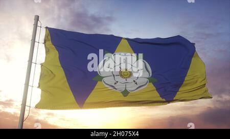 Drapeau du Yorkshire de l'Ouest, Angleterre, agitant dans le vent, le ciel et le soleil fond.3d rendu Banque D'Images