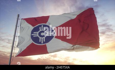 Drapeau de la ville de Wichita, Kansas, agitant dans le vent, le ciel et le soleil fond.3d rendu Banque D'Images