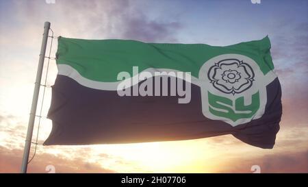 Drapeau du Yorkshire du Sud, Angleterre, agitant dans le vent, le ciel et le soleil.3d rendu Banque D'Images