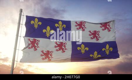 Drapeau Picardie, France, agitant dans le vent, le ciel et le soleil fond.3d rendu Banque D'Images
