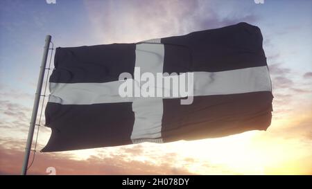 Drapeau de Cornwall, Angleterre, agitant dans le vent, le ciel et le soleil fond.3d rendu Banque D'Images